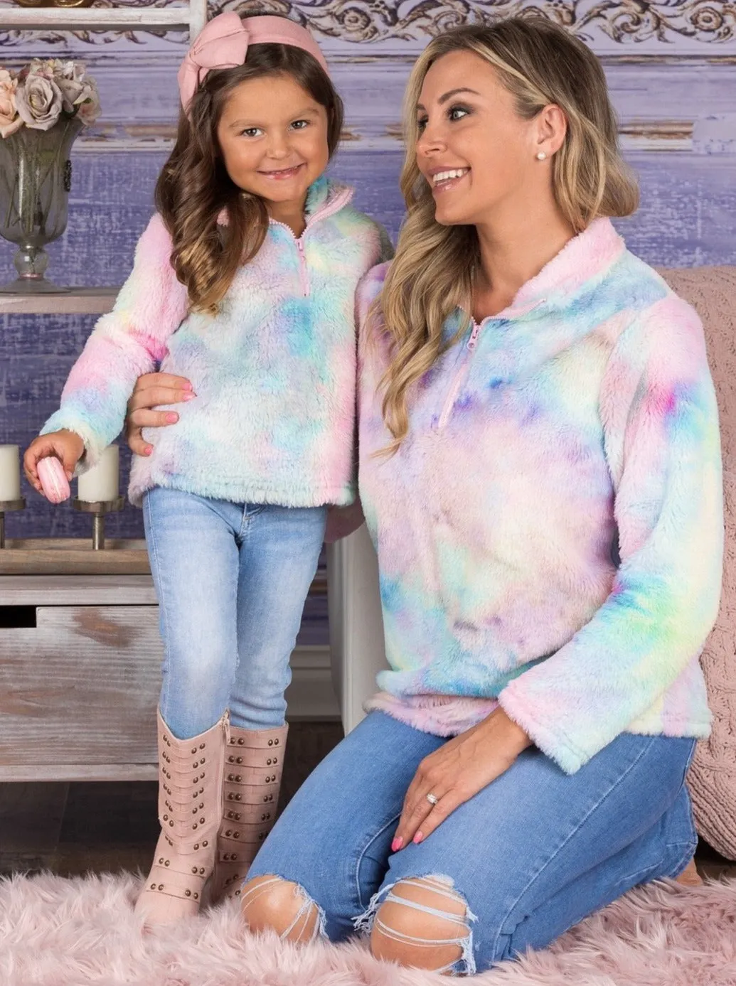 Mommy and Me Pastel Rainbow Fleece Sweater