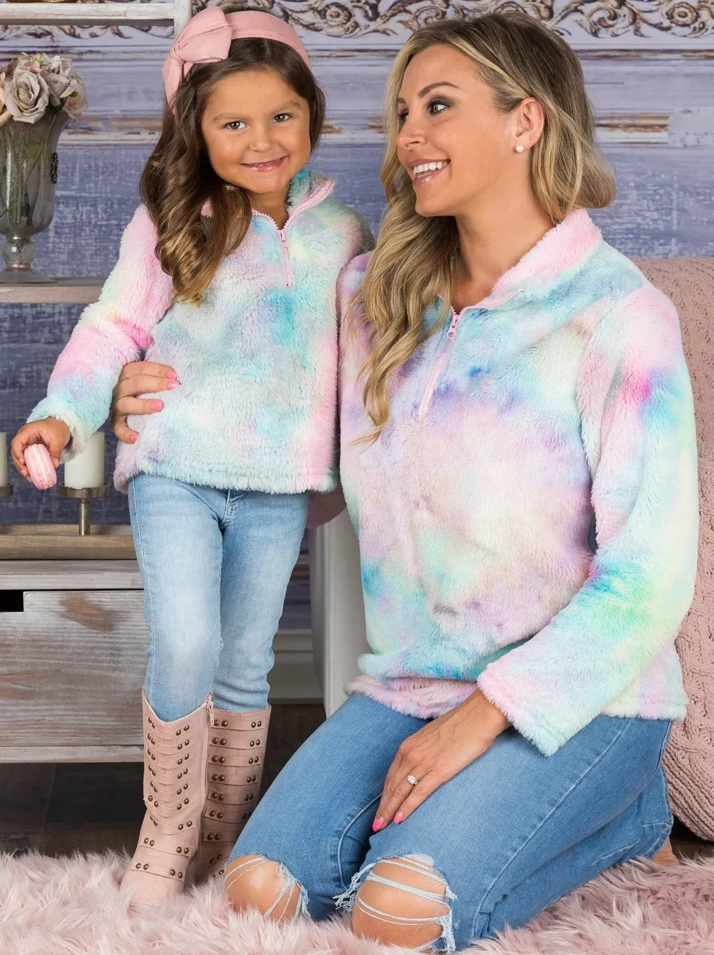 Mommy and Me Pastel Rainbow Fleece Sweater