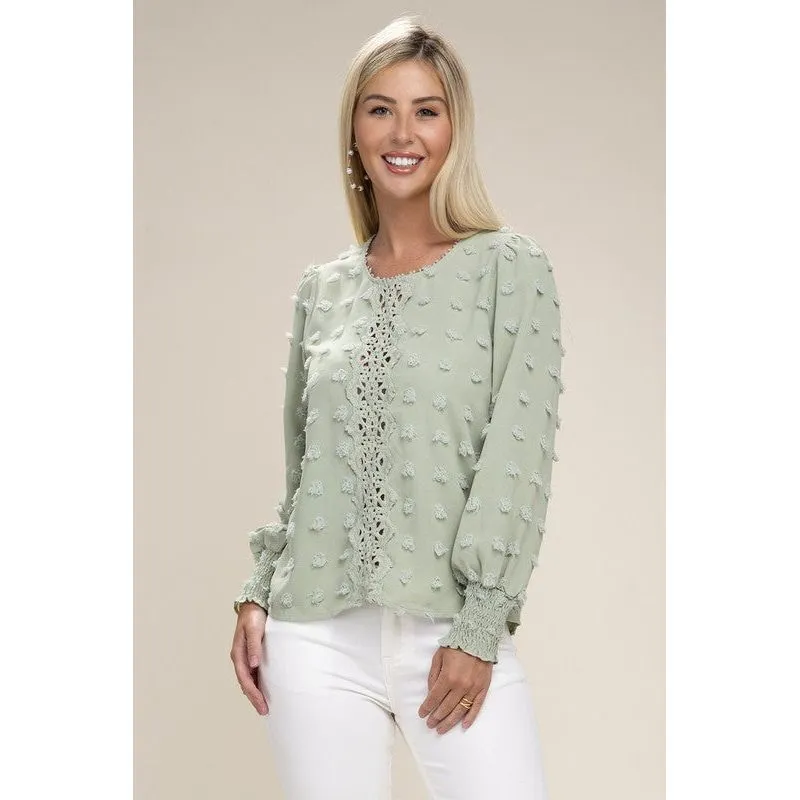 NUVI APPAREL Green Swiss Dot Contrast Lace Blouse