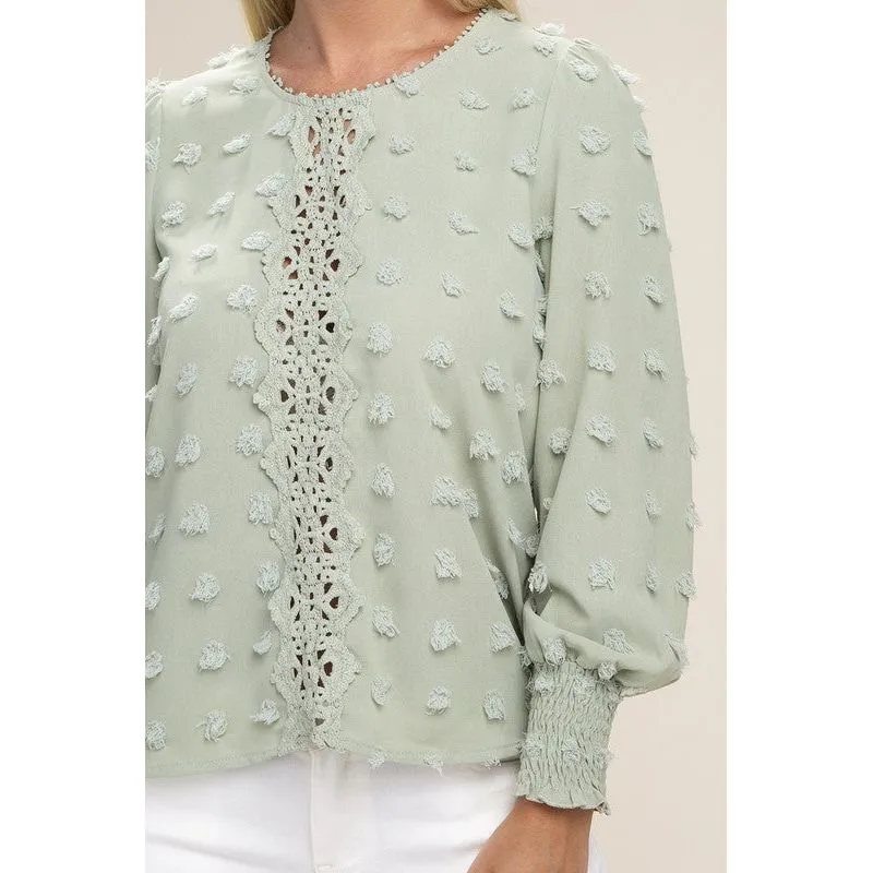 NUVI APPAREL Green Swiss Dot Contrast Lace Blouse