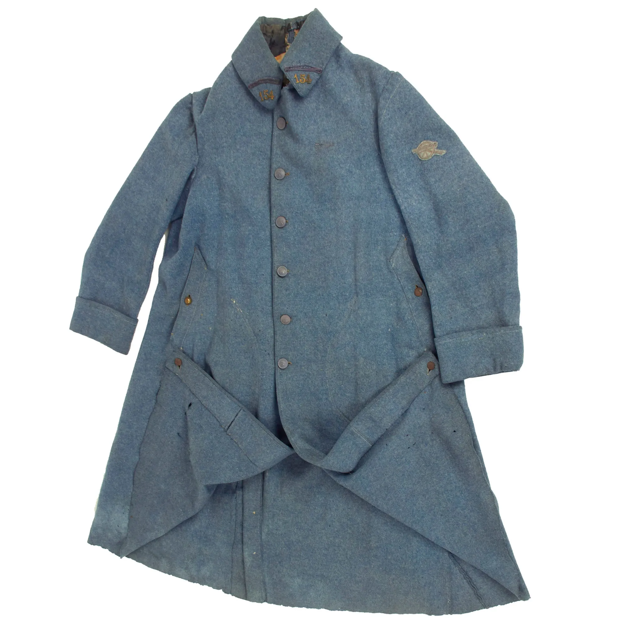 Original French WWI 154th Artillery Regiment Horizon Blue Mounted Wool Greatcoat