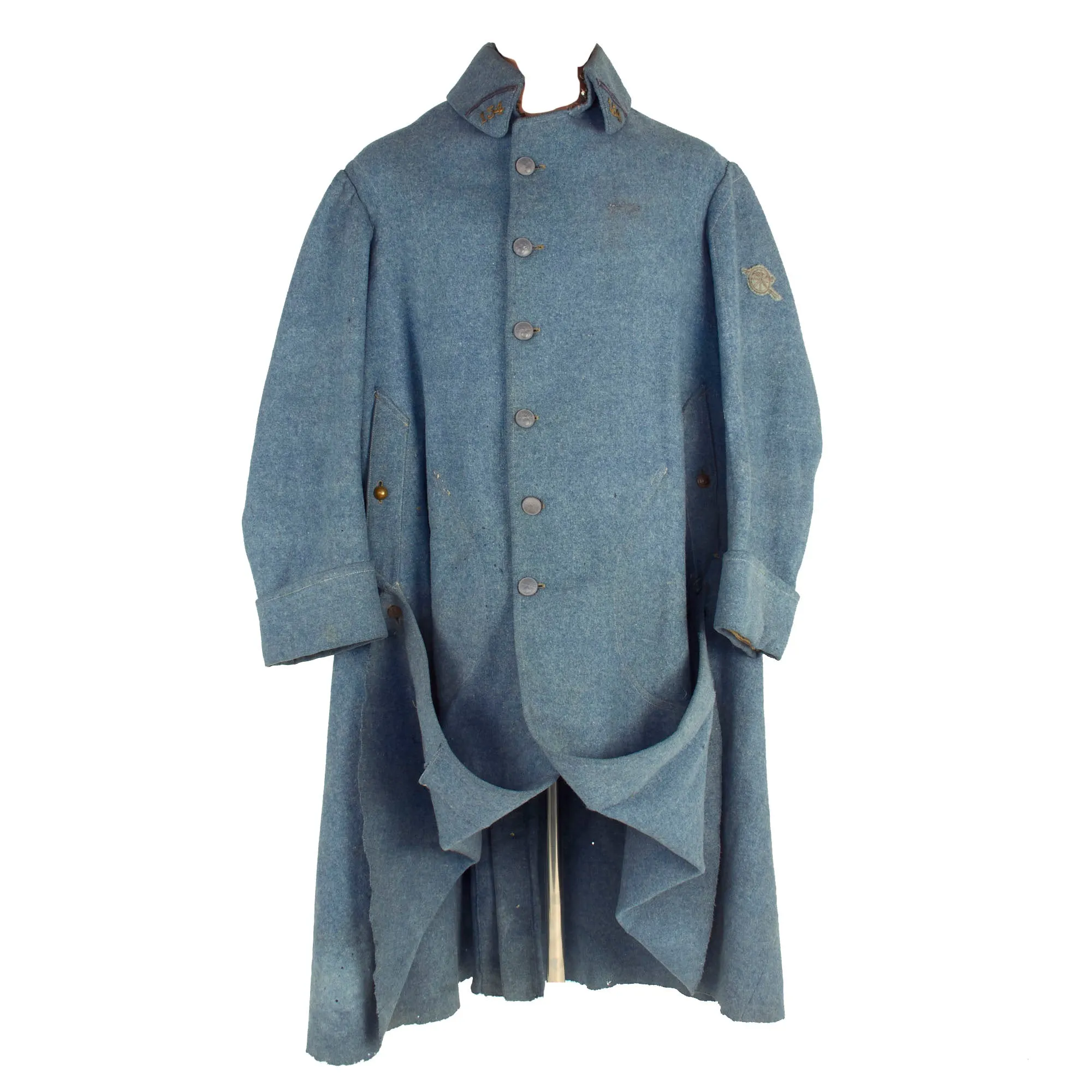 Original French WWI 154th Artillery Regiment Horizon Blue Mounted Wool Greatcoat