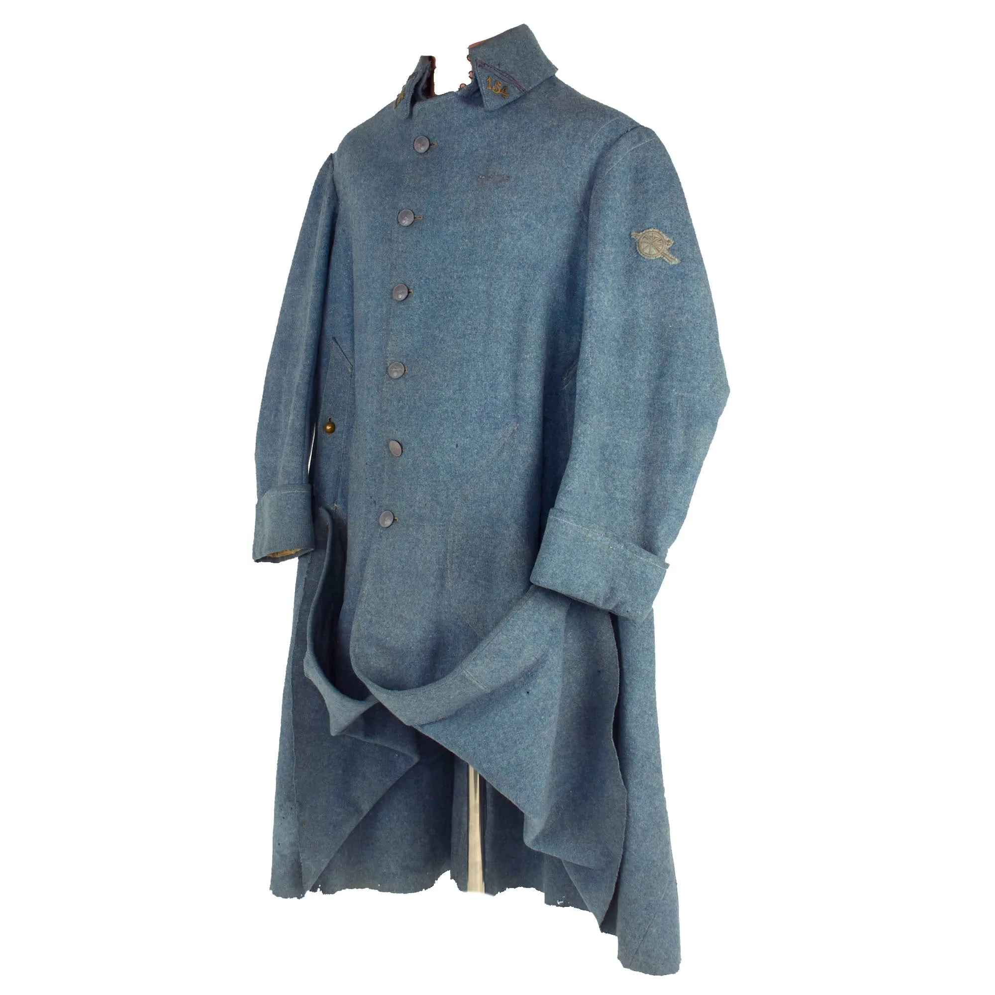 Original French WWI 154th Artillery Regiment Horizon Blue Mounted Wool Greatcoat