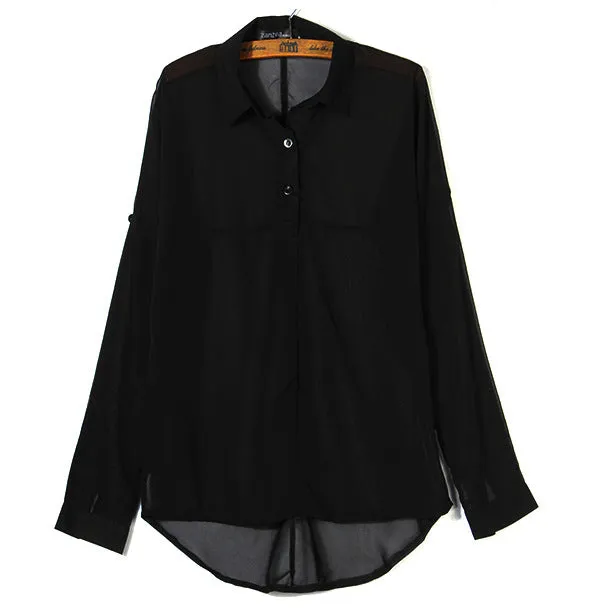 Quality Europe Lapel Bat Long Sleeved Loose Blouse Chiffon All-Matching Tops Blouse