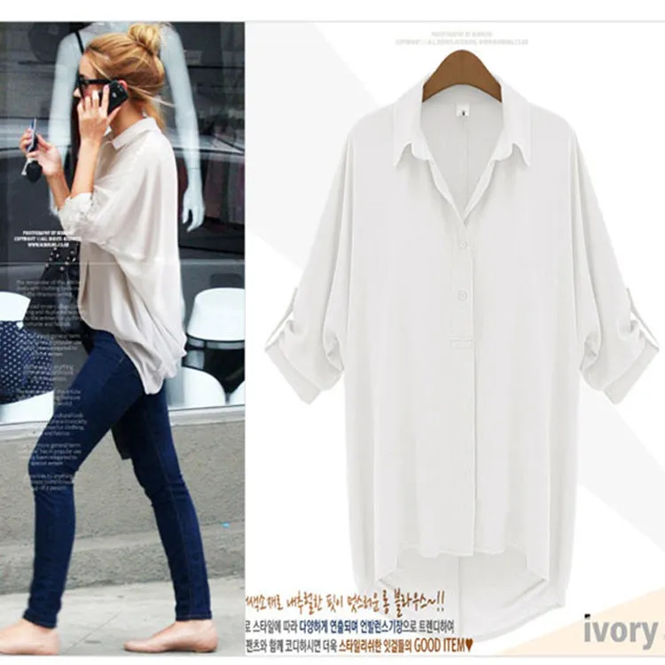 Quality Europe Lapel Bat Long Sleeved Loose Blouse Chiffon All-Matching Tops Blouse