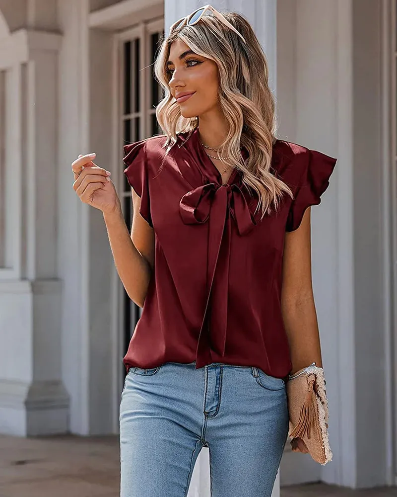 Satin Blouses for Women Sleeveless Bow Tops Ruffle Trim Spring Top S-XXL - Zeagoo (Us Only)