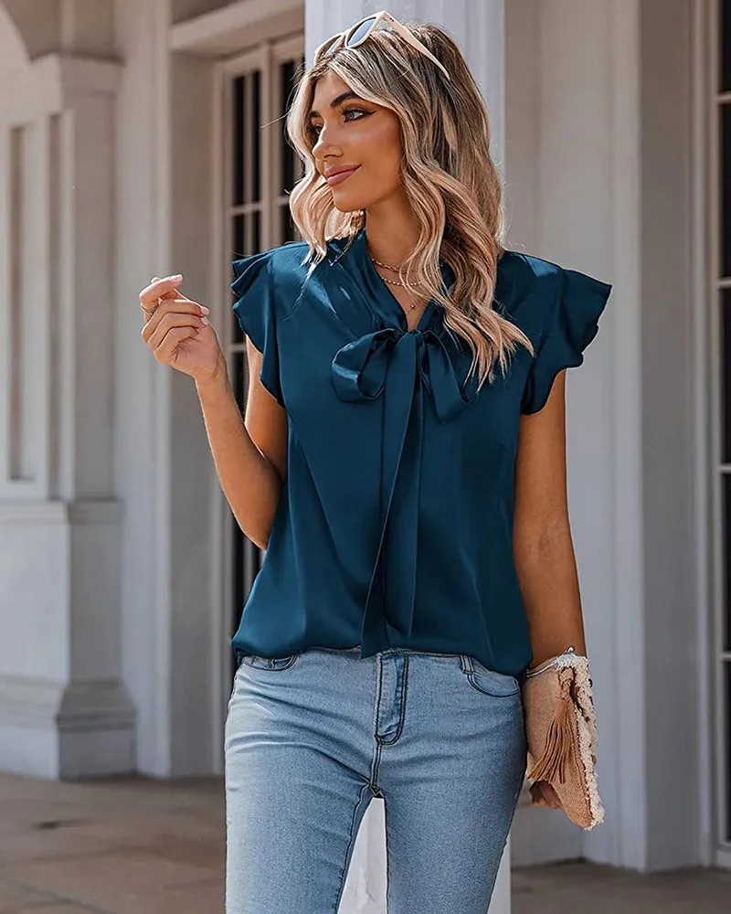 Satin Blouses for Women Sleeveless Bow Tops Ruffle Trim Spring Top S-XXL - Zeagoo (Us Only)