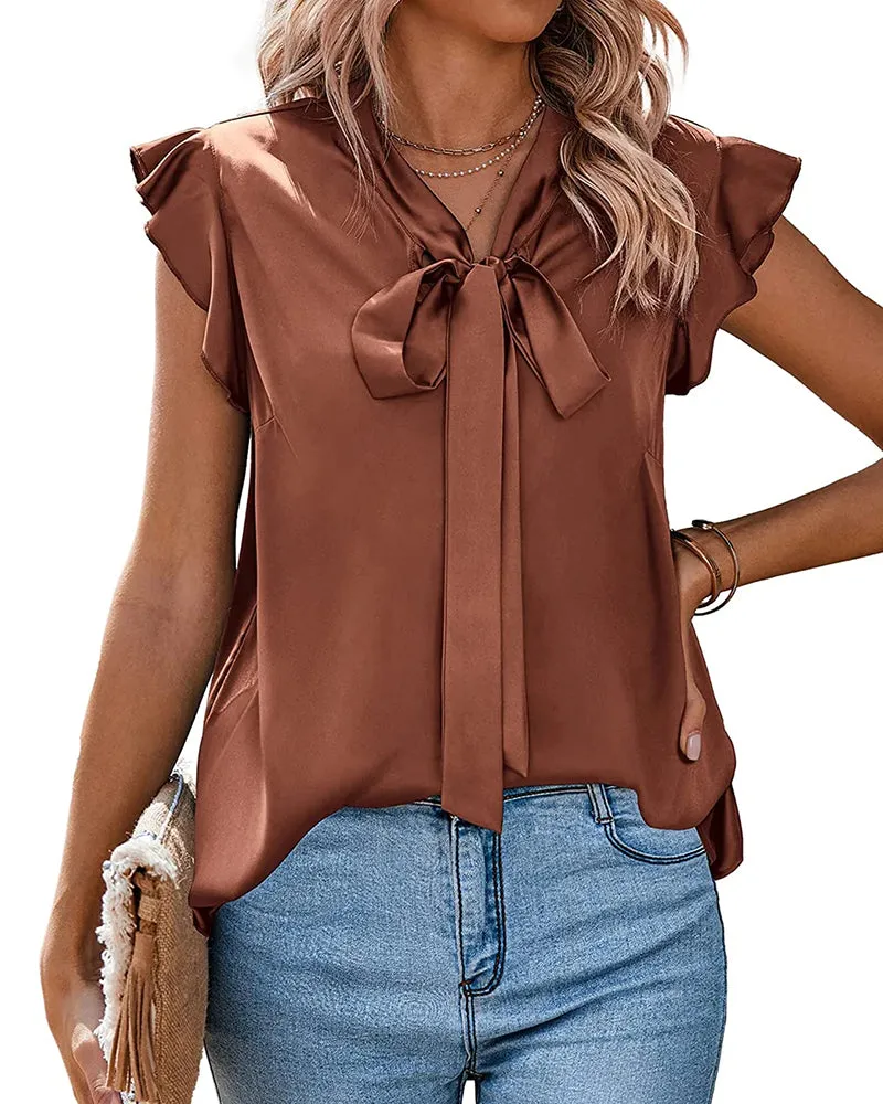 Satin Blouses for Women Sleeveless Bow Tops Ruffle Trim Spring Top S-XXL - Zeagoo (Us Only)