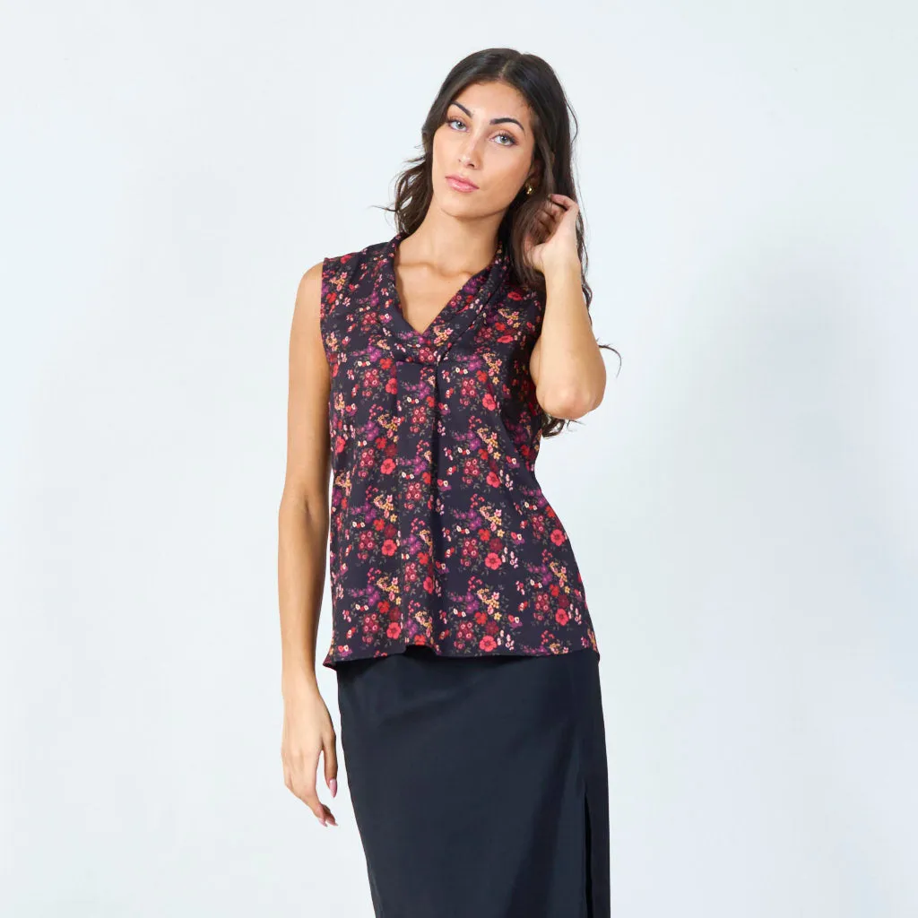 Sleeveless floral print blouse with draped neckline wholesale