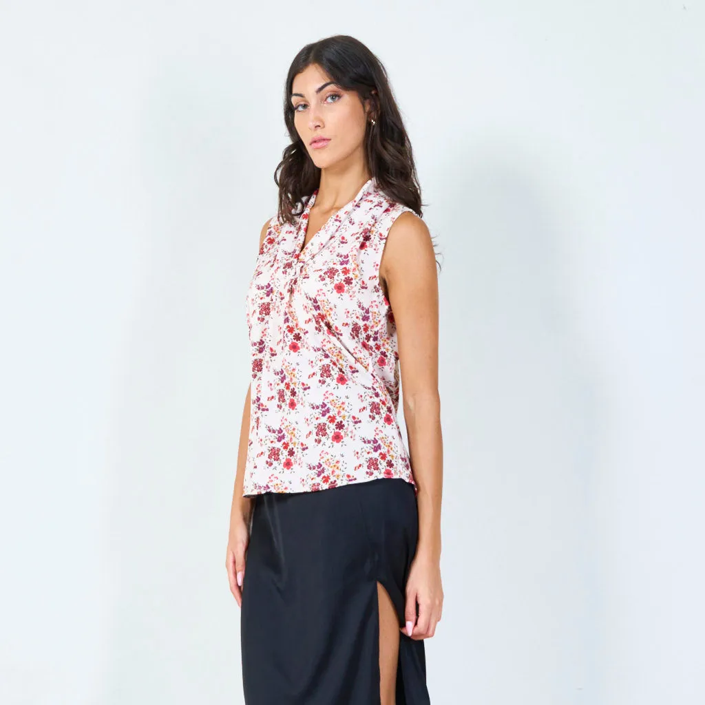 Sleeveless floral print blouse with draped neckline wholesale