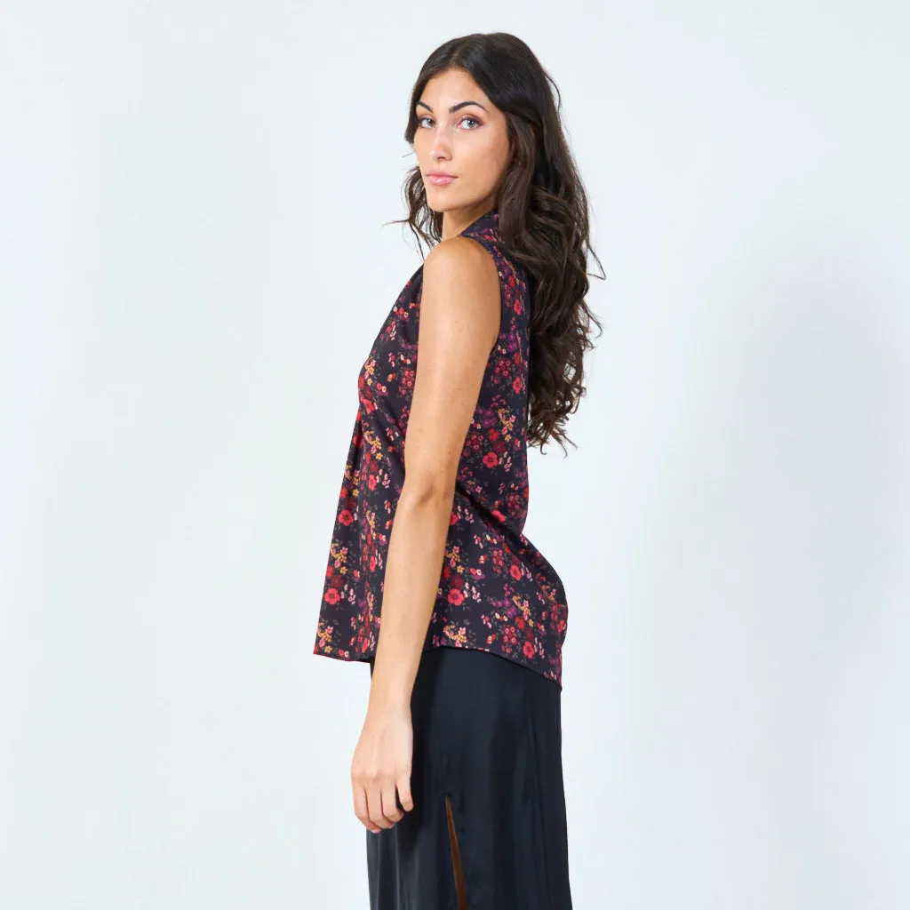 Sleeveless floral print blouse with draped neckline wholesale