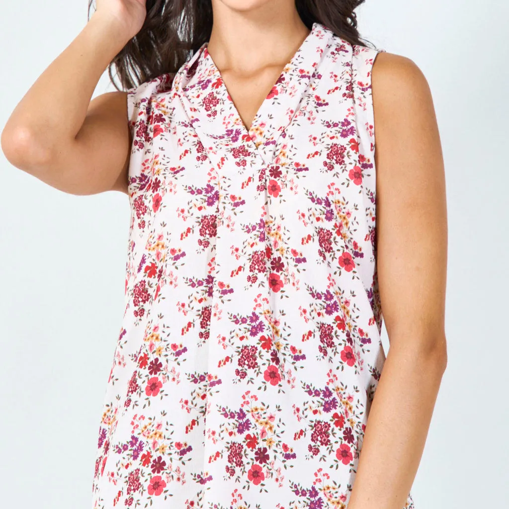 Sleeveless floral print blouse with draped neckline wholesale