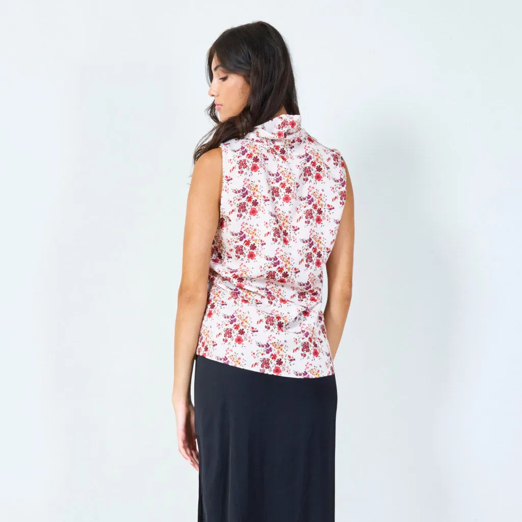 Sleeveless floral print blouse with draped neckline wholesale