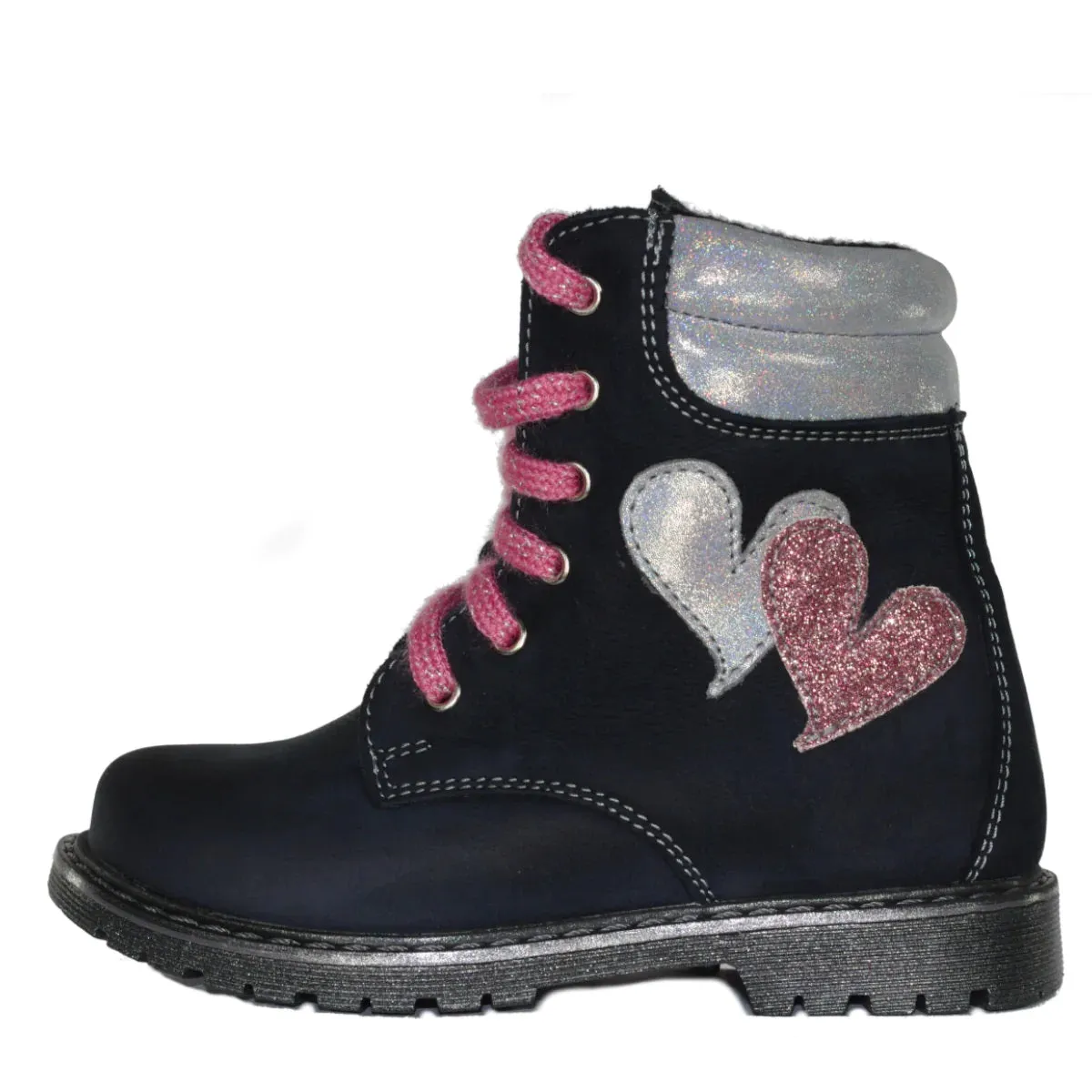 Szamos Kid Girl Boots Black With White And Pink Heart Decor - Made In Europe