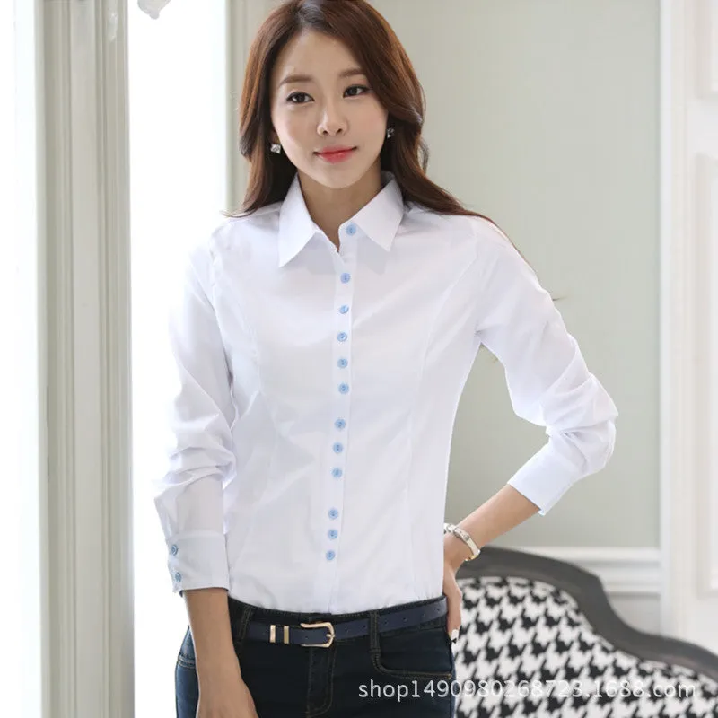 White Blouse Korean Elegant Feminine Slim Look Student Formal Long Sleeved Shirt Blouse