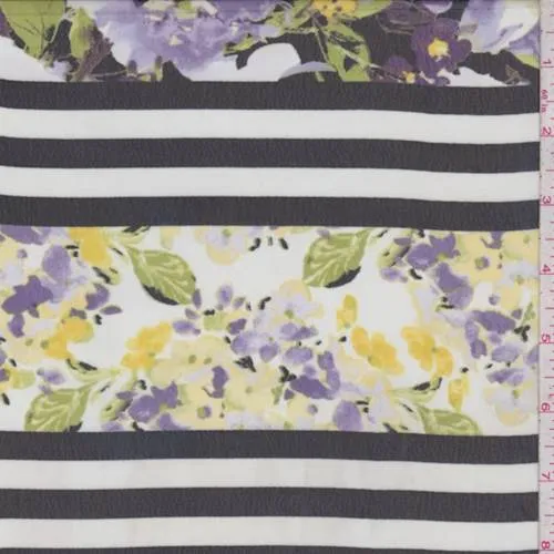 White/Black/Purple Stripe Floral Chiffon Fabric