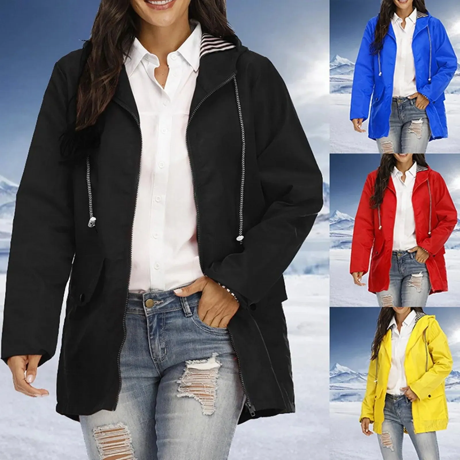 Women Solid Rain Jacket Outdoor Plus Size Hooded Windproof Loose Coat Women's Athletic Jackets