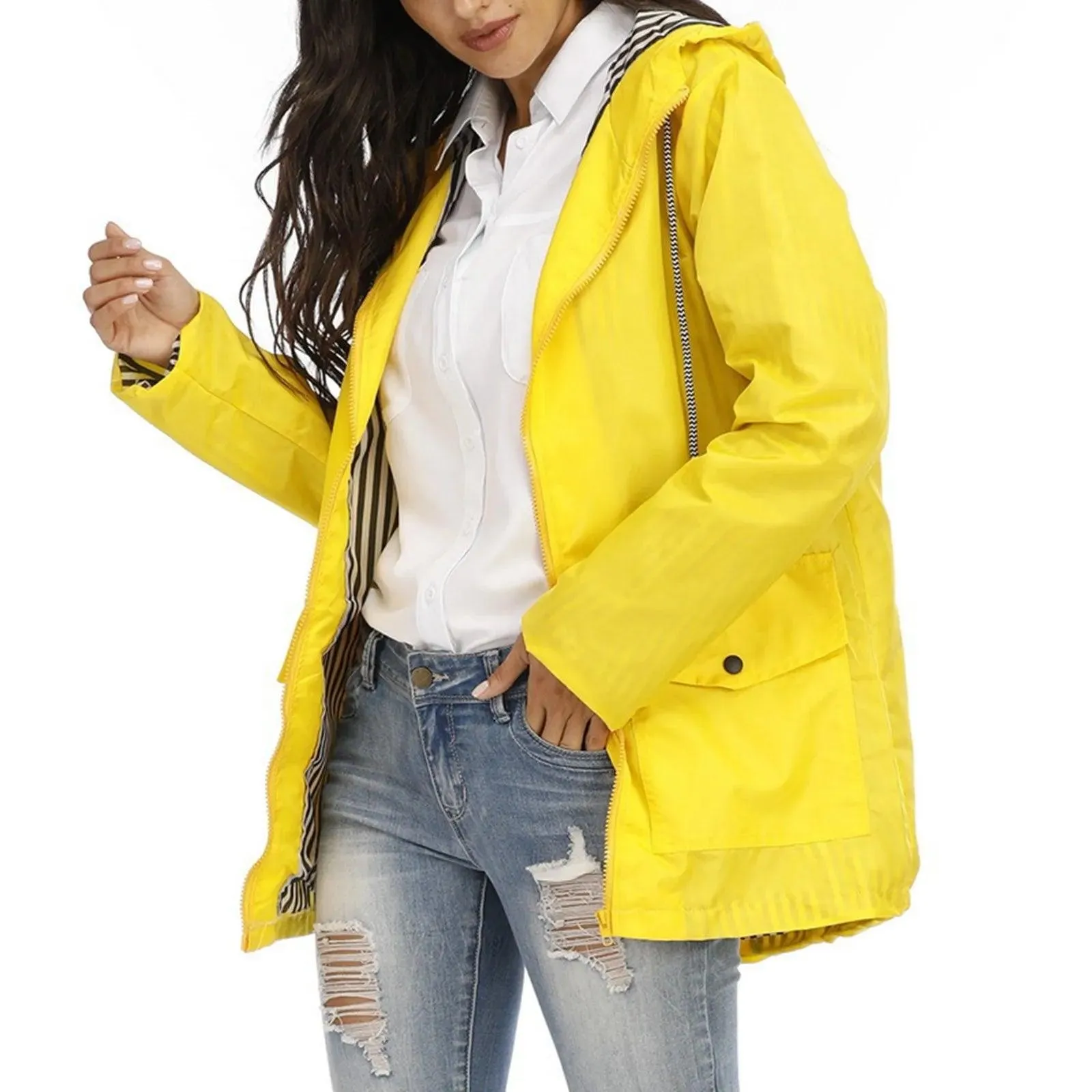 Women Solid Rain Jacket Outdoor Plus Size Hooded Windproof Loose Coat Women's Athletic Jackets