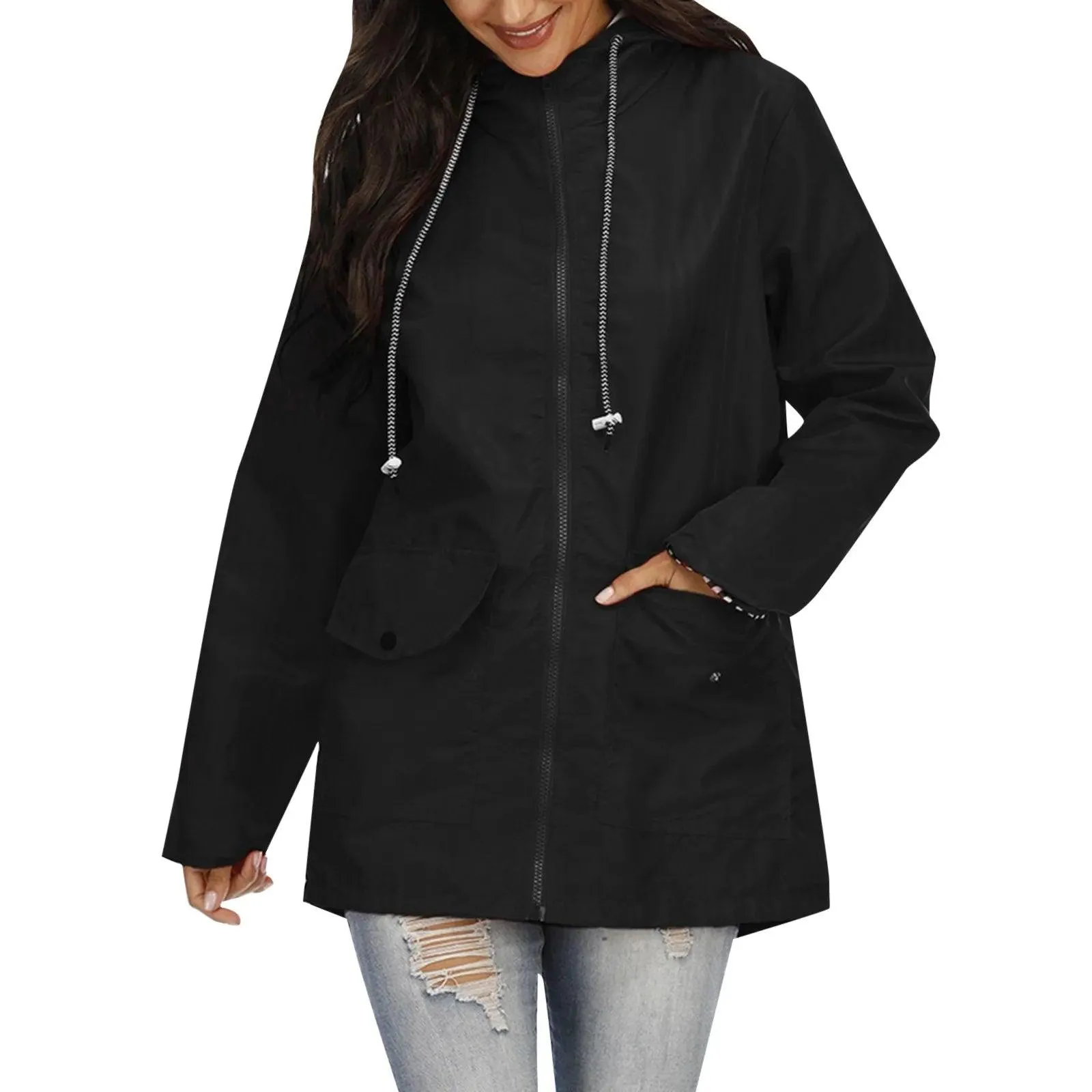 Women Solid Rain Jacket Outdoor Plus Size Hooded Windproof Loose Coat Women's Athletic Jackets