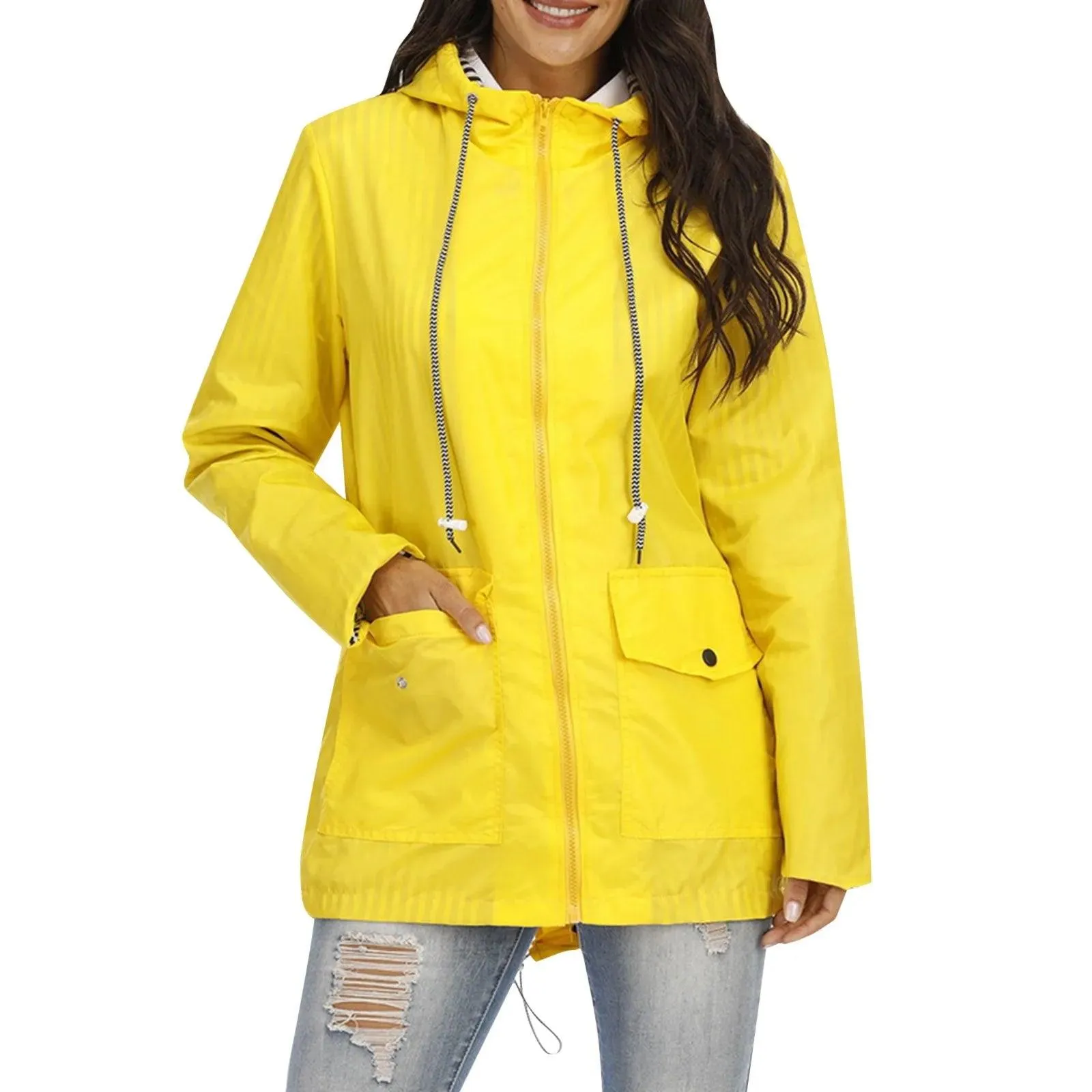 Women Solid Rain Jacket Outdoor Plus Size Hooded Windproof Loose Coat Women's Athletic Jackets