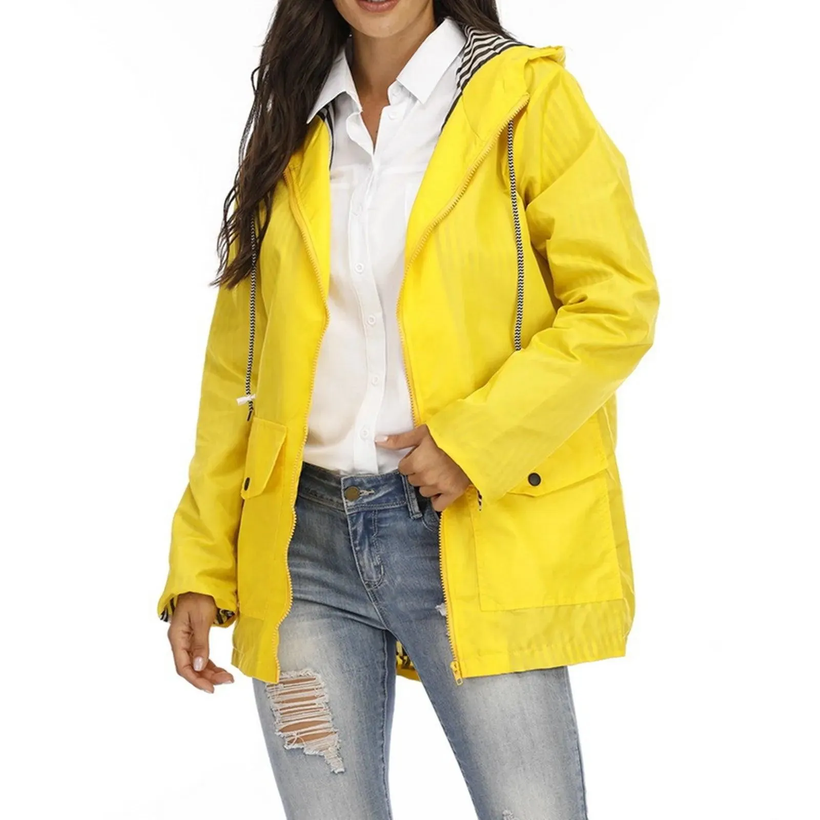 Women Solid Rain Jacket Outdoor Plus Size Hooded Windproof Loose Coat Women's Athletic Jackets