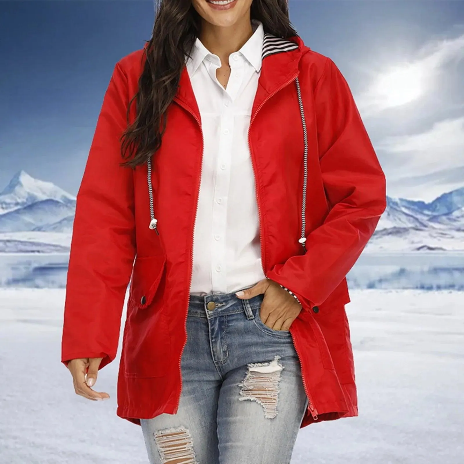 Women Solid Rain Jacket Outdoor Plus Size Hooded Windproof Loose Coat Women's Athletic Jackets