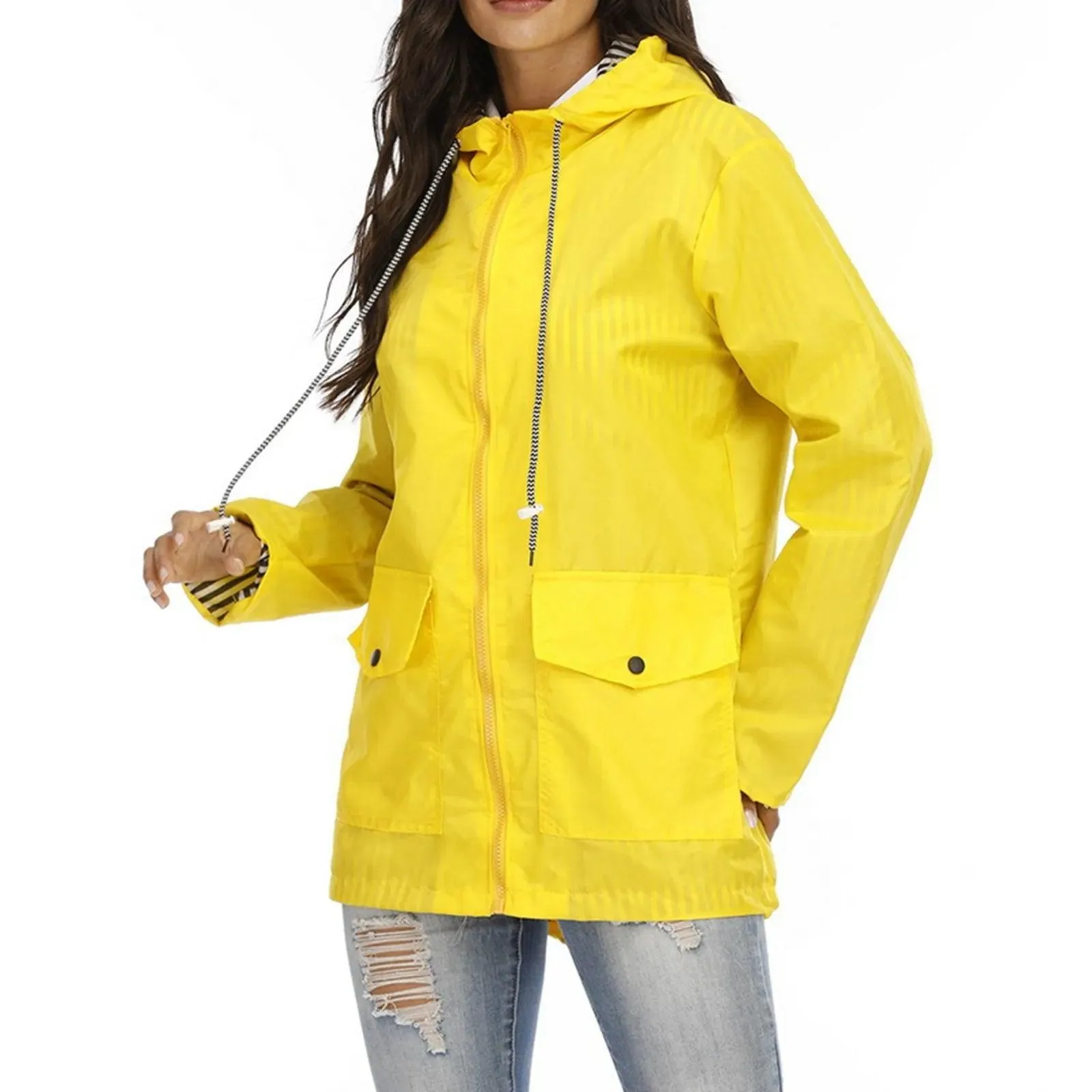 Women Solid Rain Jacket Outdoor Plus Size Hooded Windproof Loose Coat Women's Athletic Jackets