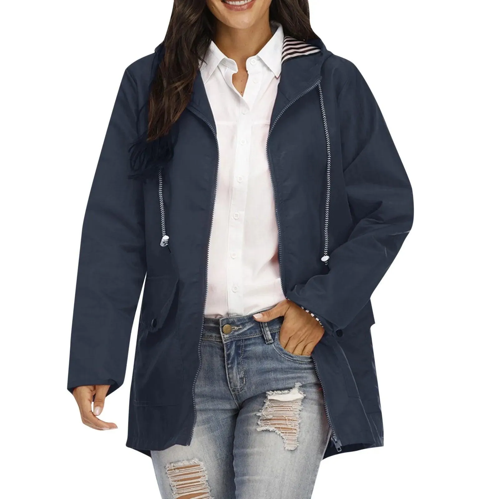 Women Solid Rain Jacket Outdoor Plus Size Hooded Windproof Loose Coat Women's Athletic Jackets