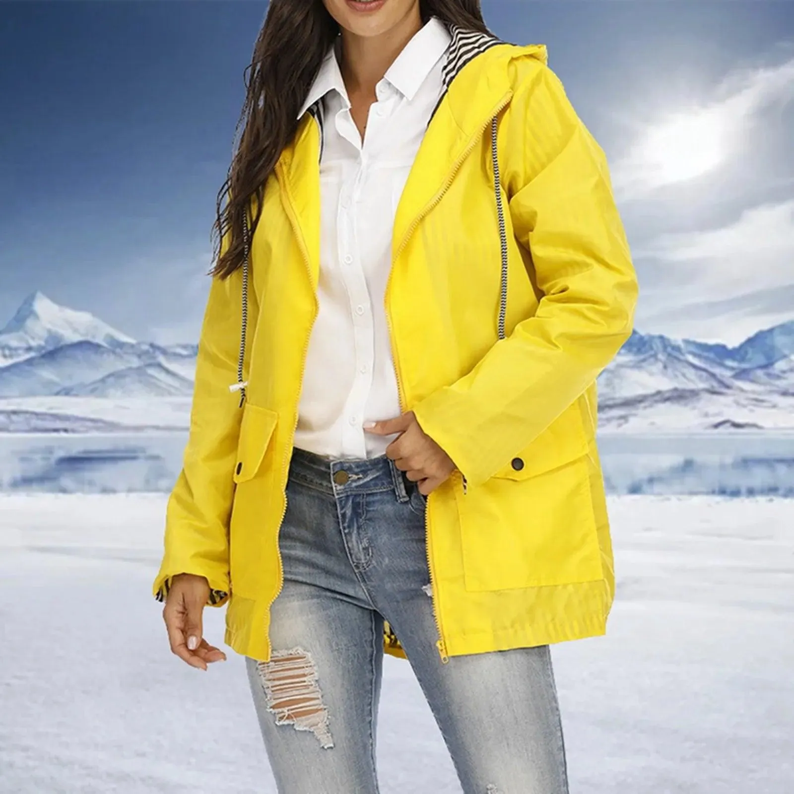 Women Solid Rain Jacket Outdoor Plus Size Hooded Windproof Loose Coat Women's Athletic Jackets