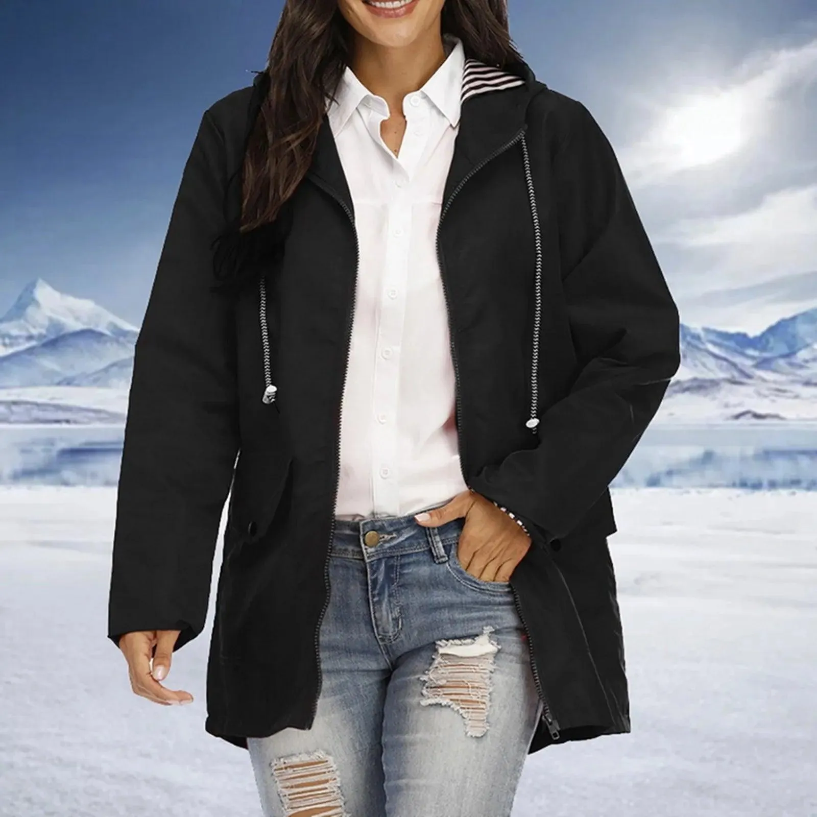 Women Solid Rain Jacket Outdoor Plus Size Hooded Windproof Loose Coat Women's Athletic Jackets