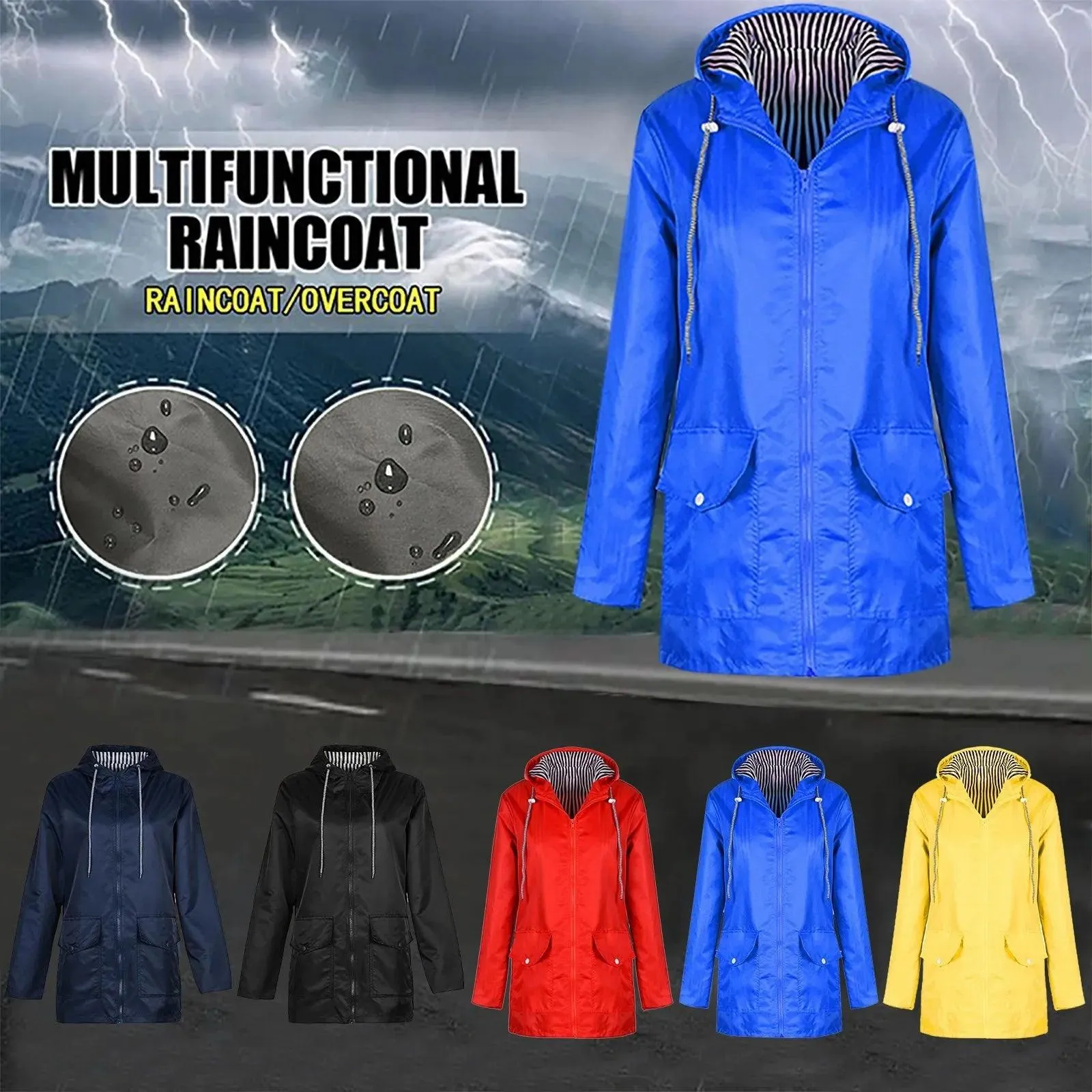 Women Solid Rain Jacket Outdoor Plus Size Hooded Windproof Loose Coat Women's Athletic Jackets