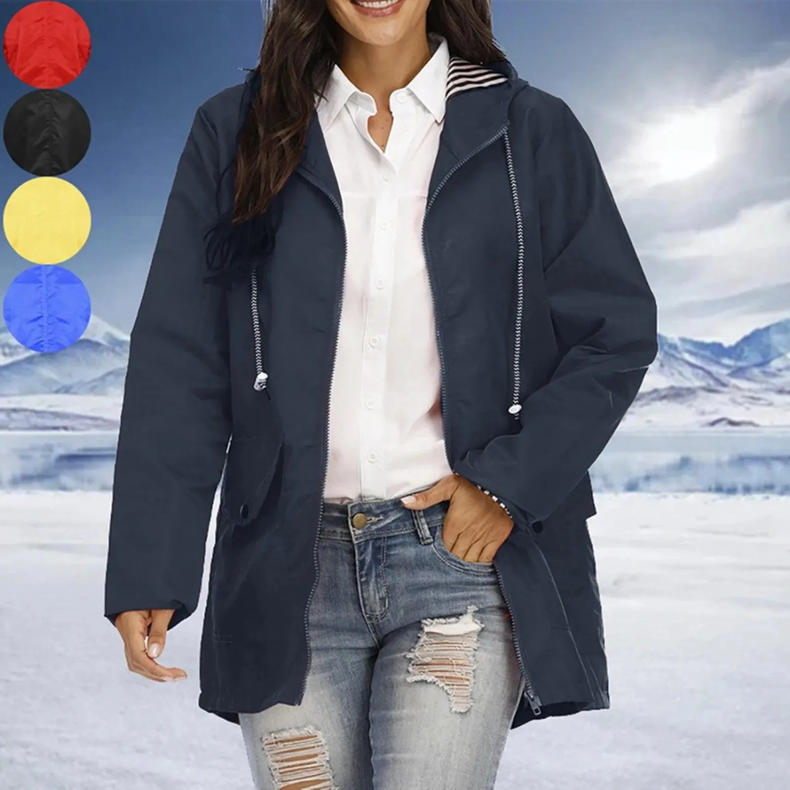 Women Solid Rain Jacket Outdoor Plus Size Hooded Windproof Loose Coat Women's Athletic Jackets