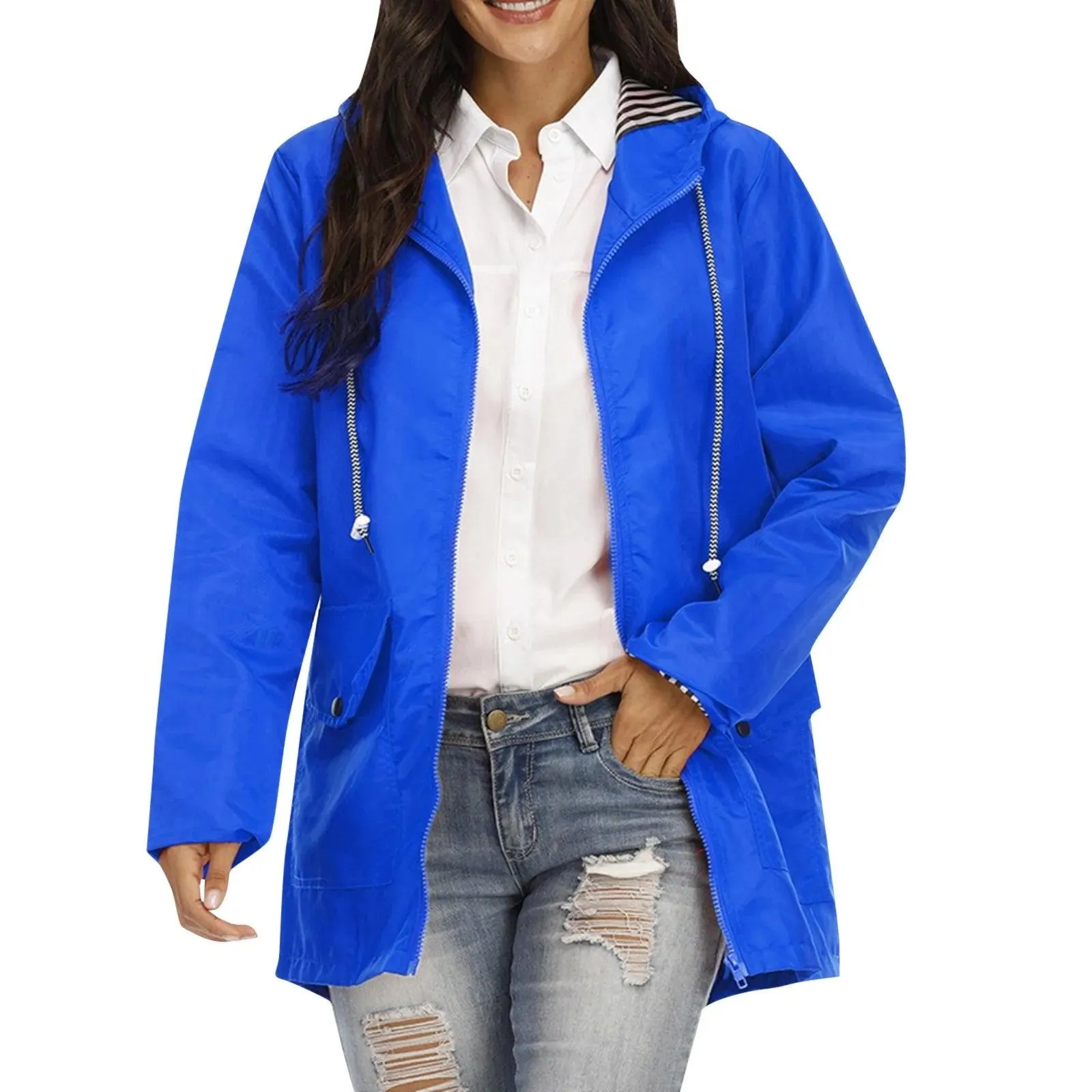 Women Solid Rain Jacket Outdoor Plus Size Hooded Windproof Loose Coat Women's Athletic Jackets