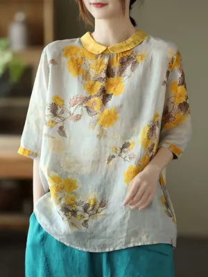 Women Summer Casual Shirts New Vintage Style Floral Print Loose Comfortable Cotton Linen Female Half Sleeve Tops