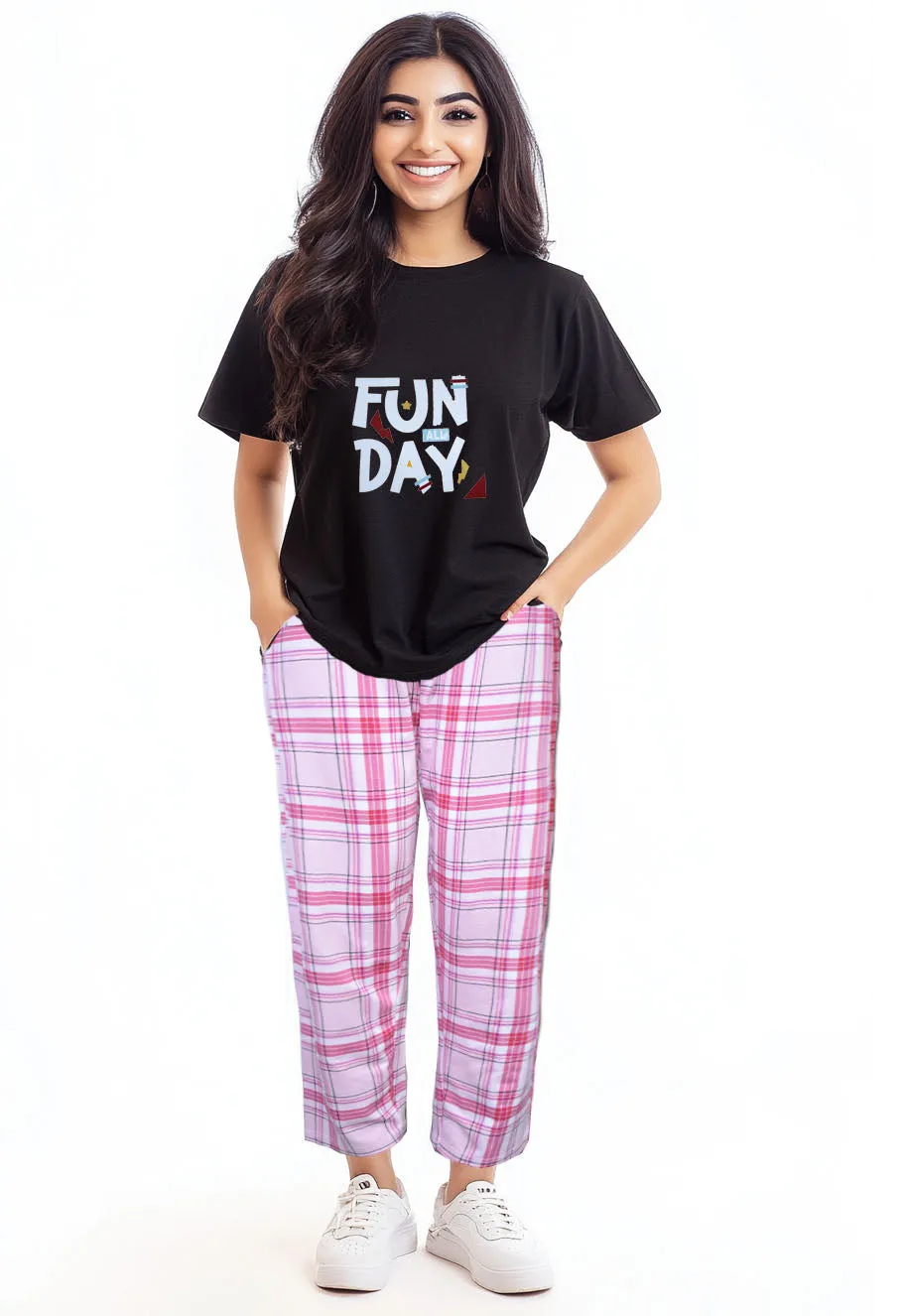 Women's Pink Check with Black shirt (Stretchable)